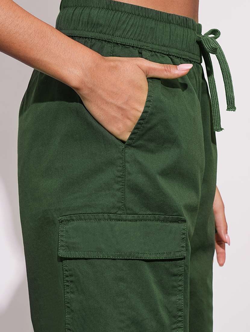 globus women olive cotton high-rise elasticated waist relaxed fit wide leg cargo trousers - 21648719 -  Standard Image - 5