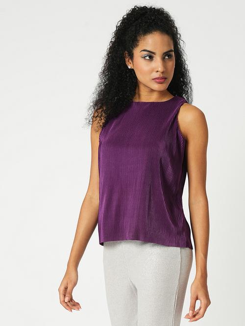 globus women purple round neck sleeveless accordian pleats party top - 21648723 - Standard Image - 0