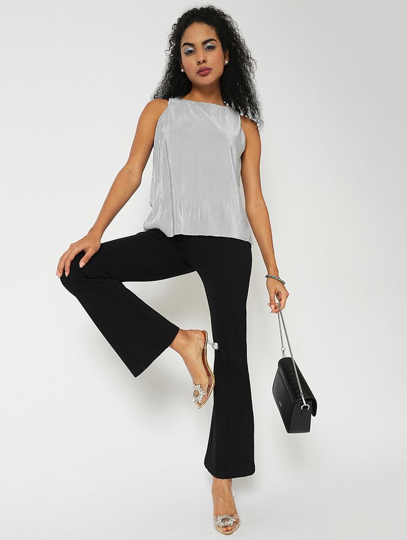 globus women silver round neck sleeveless accordian pleats party top - 21648724 - Standard Image - 3