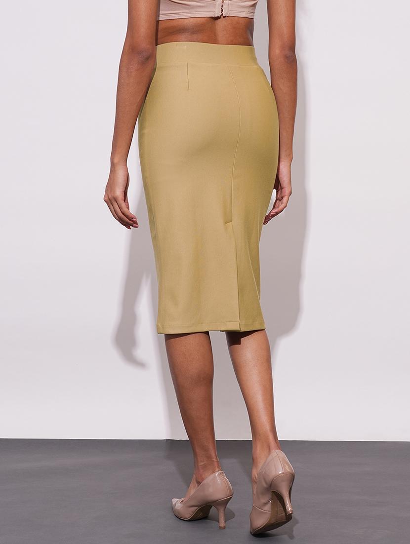 globus women camel stretchable high-rise back slit midi workwear pencil skirt - 21648732 - Standard Image - 3