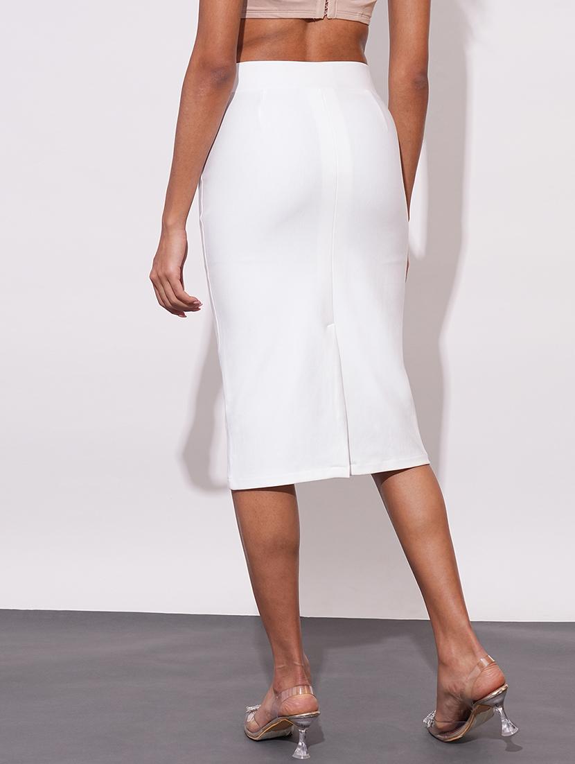 globus women off white stretchable high-rise back slit midi workwear pencil skirt - 21648733 - Standard Image - 3