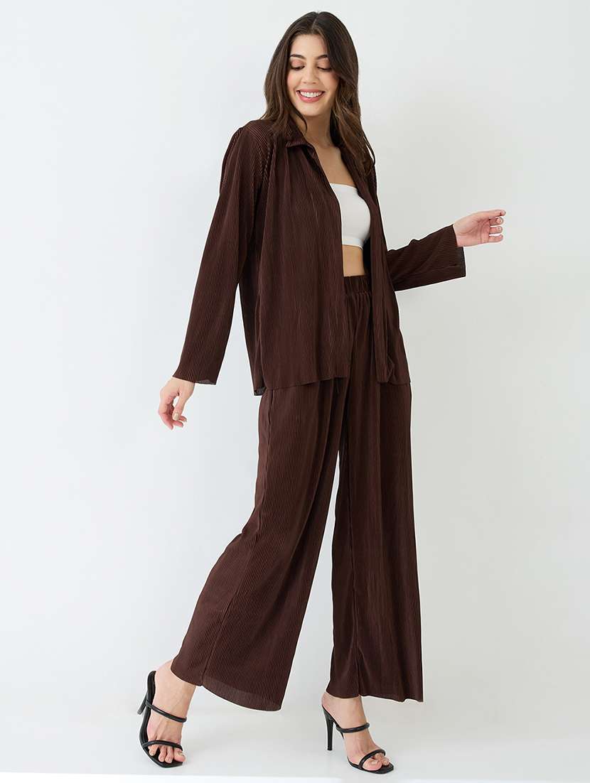 globus women brown accordion pleats shirt with elasticated wide-leg trousers plisse co-ord set - 21648745 -  Standard Image - 3