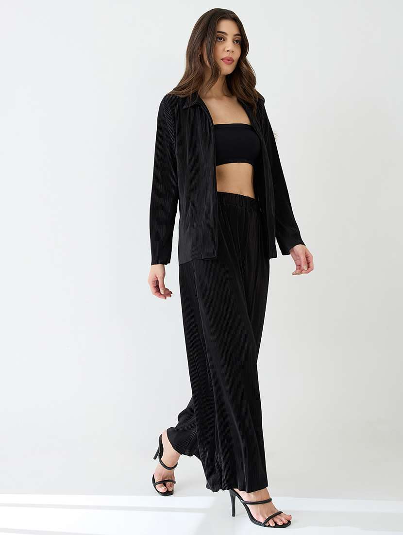 globus women black accordion pleats shirt with elasticated wide-leg trousers plisse co-ord set - 21648746 -  Standard Image - 3