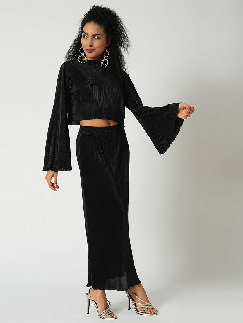 globus women black accordion pleats round neck bell sleeves crop top with side slit maxi skirt party co-ord set - 21648749 -  Zoom Image - 0