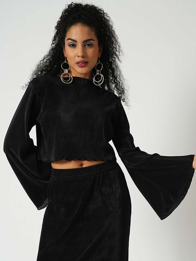 globus women black accordion pleats round neck bell sleeves crop top with side slit maxi skirt party co-ord set - 21648749 -  Standard Image - 3