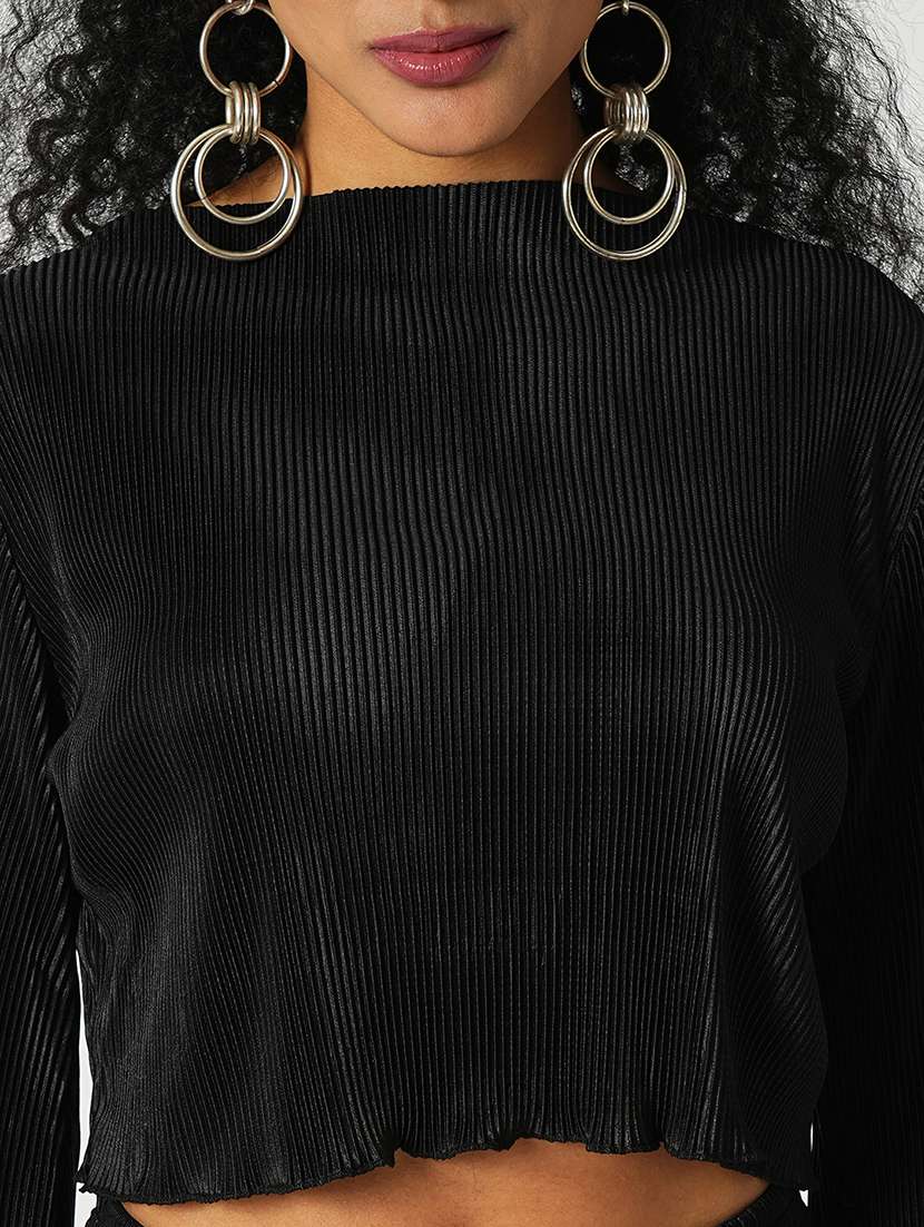 globus women black accordion pleats round neck bell sleeves crop top with side slit maxi skirt party co-ord set - 21648749 -  Standard Image - 5