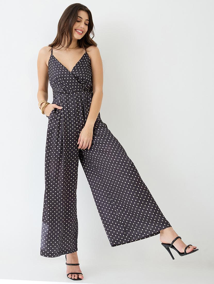 globus women black & white polka dots wrap neck strappy shoulder satin party jumpsuit - 21648751 -  Zoom Image - 0
