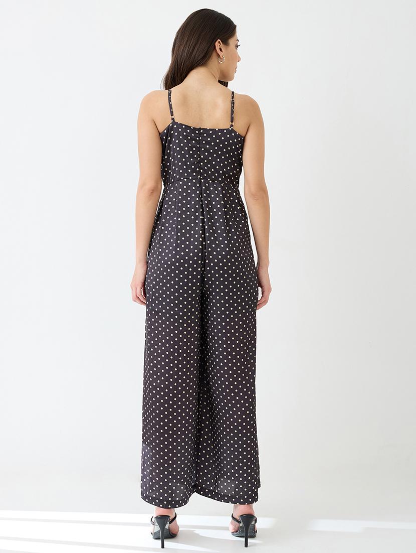 globus women black & white polka dots wrap neck strappy shoulder satin party jumpsuit - 21648751 - Standard Image - 3