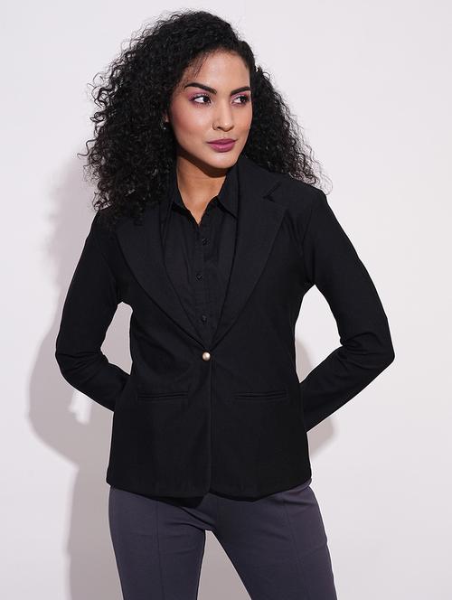 globus women black notch lapel long sleeves stretchable curved hem open front workwear blazer jacket - 21648764 - Standard Image - 0