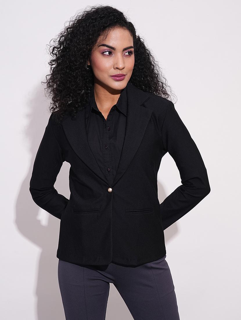 globus women black notch lapel long sleeves stretchable curved hem open front workwear blazer jacket - 21648764 - Zoom Image - 0