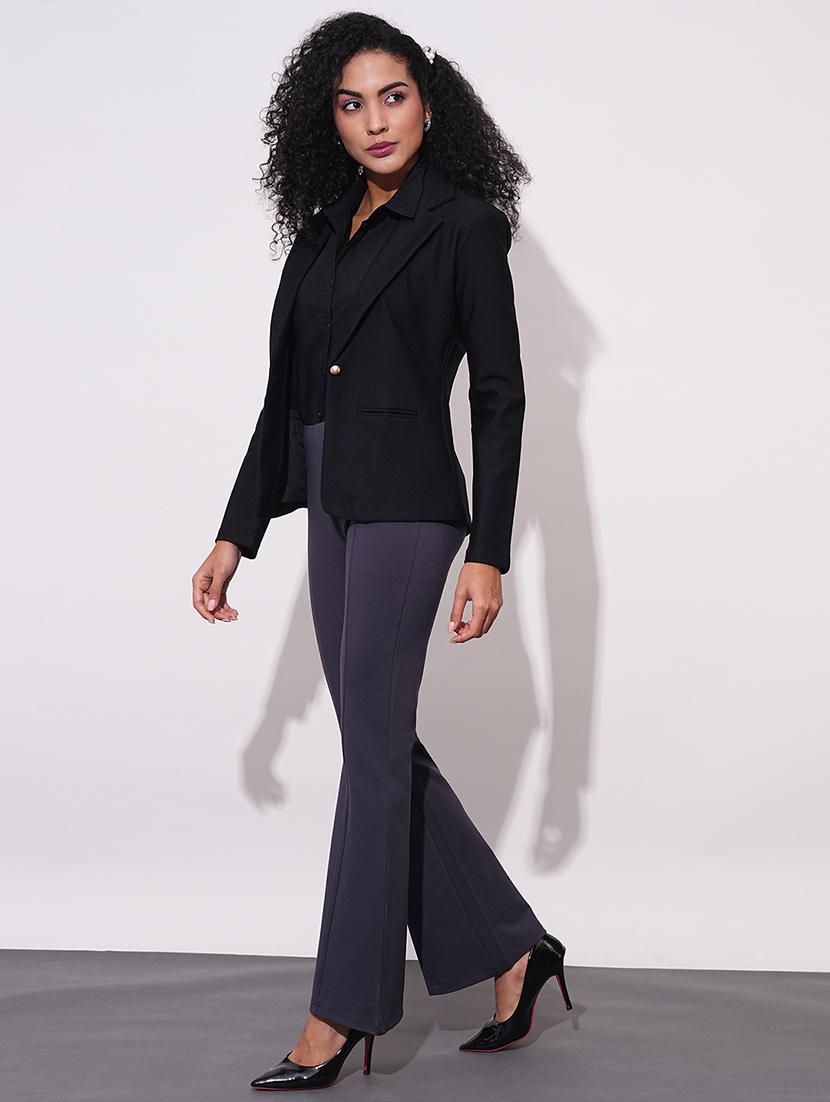 globus women black notch lapel long sleeves stretchable curved hem open front workwear blazer jacket - 21648764 - Standard Image - 3