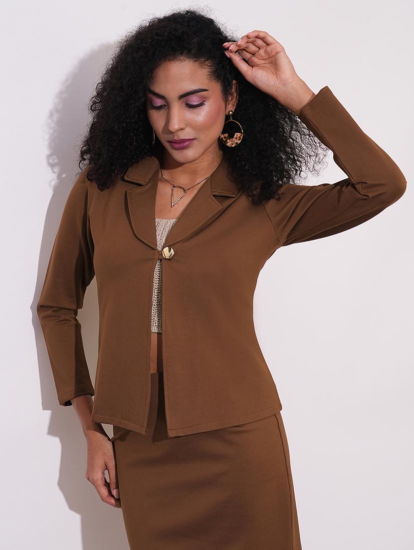 globus women coffee notch lapel long sleeves stretchable straight hem open front workwear blazer jacket - 21648767 -  Zoom Image - 0
