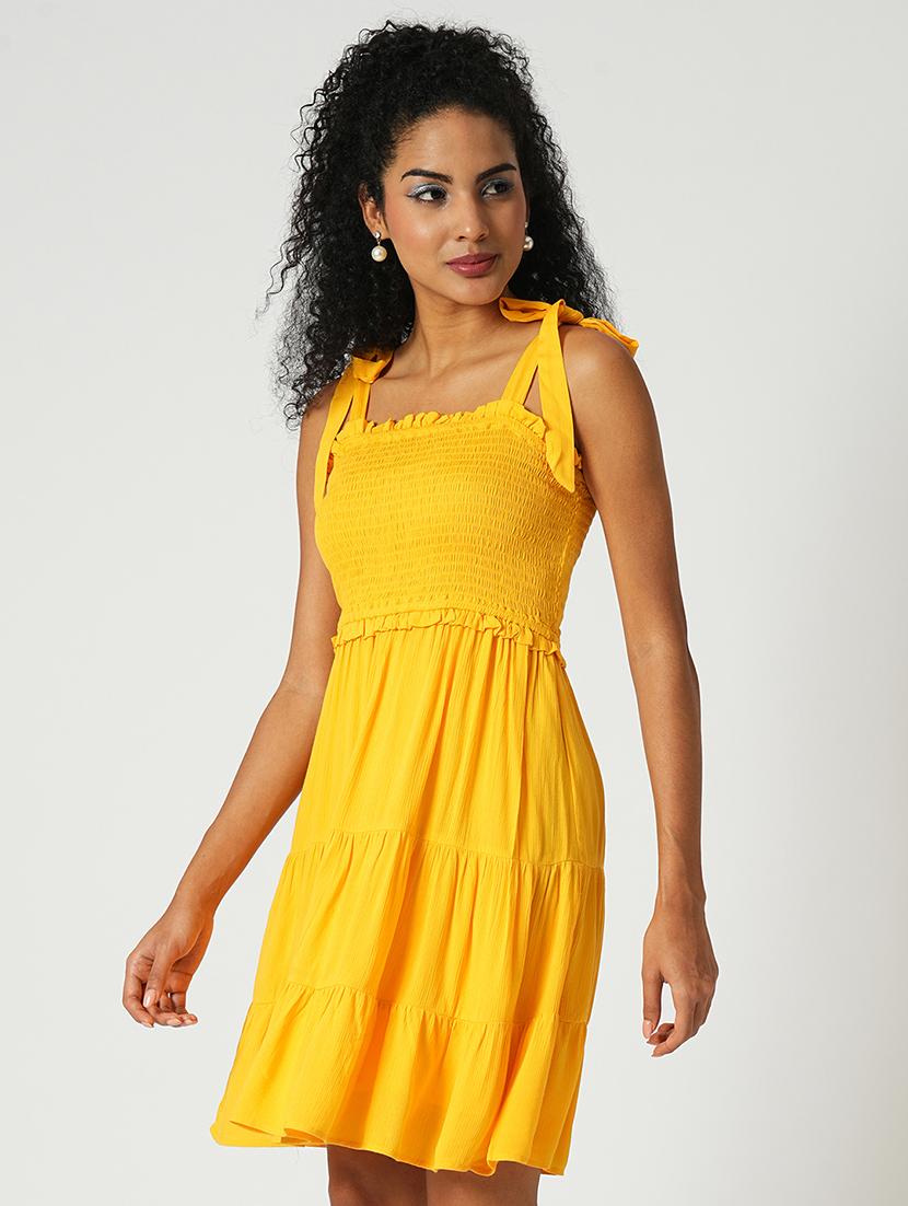 globus women yellow square neck tie-up sleeves smocked fit & flare tiered dress - 21648771 -  Zoom Image - 0