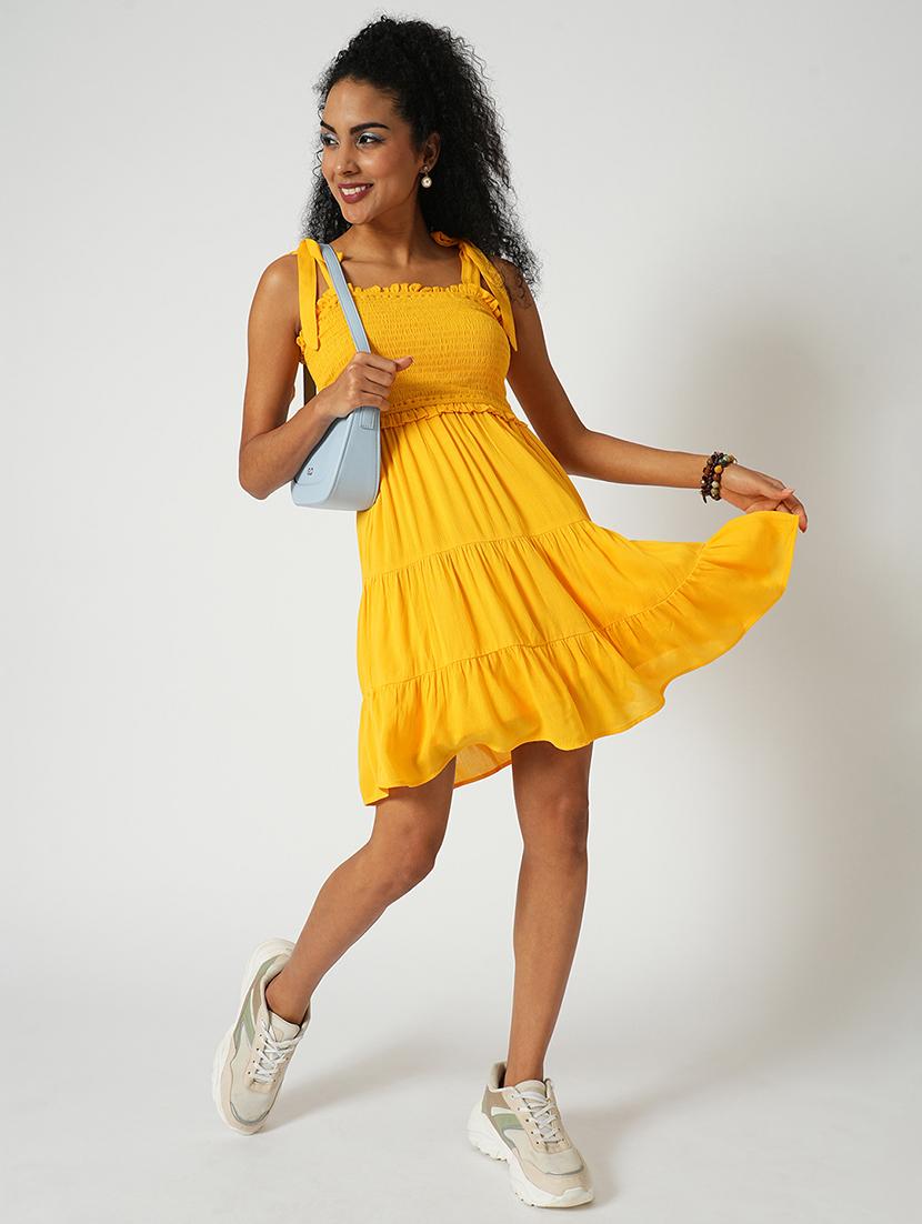 globus women yellow square neck tie-up sleeves smocked fit & flare tiered dress - 21648771 - Standard Image - 3