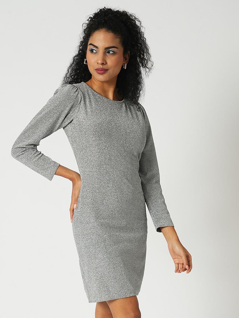 globus women silver round neck puff sleeves shimmer mini bodycon party dress - 21648774 -  Zoom Image - 0