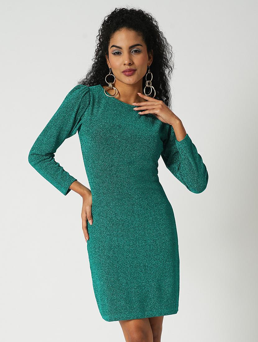 globus women green round neck puff sleeves shimmer mini bodycon party dress - 21648775 - Zoom Image - 0