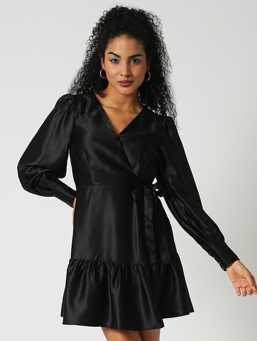 globus women black wrap neck cuffed sleeves tiered satin mini party dress - 21648780 - Zoom Image - 0