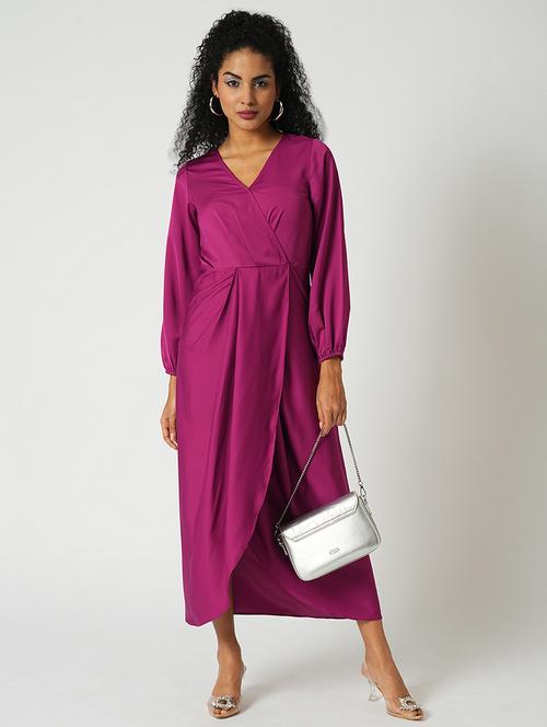 globus women magenta wrap neck full sleeves tulip hem satin midi sheath party dress - 21648785 - Standard Image - 0
