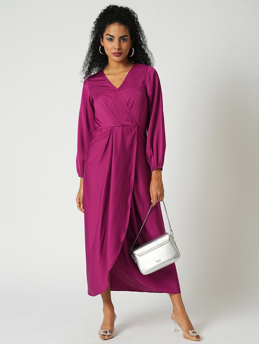 globus women magenta wrap neck full sleeves tulip hem satin midi sheath party dress - 21648785 - Zoom Image - 0