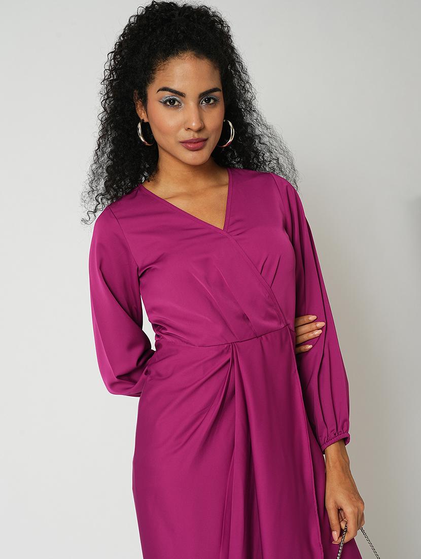 globus women magenta wrap neck full sleeves tulip hem satin midi sheath party dress - 21648785 - Standard Image - 3