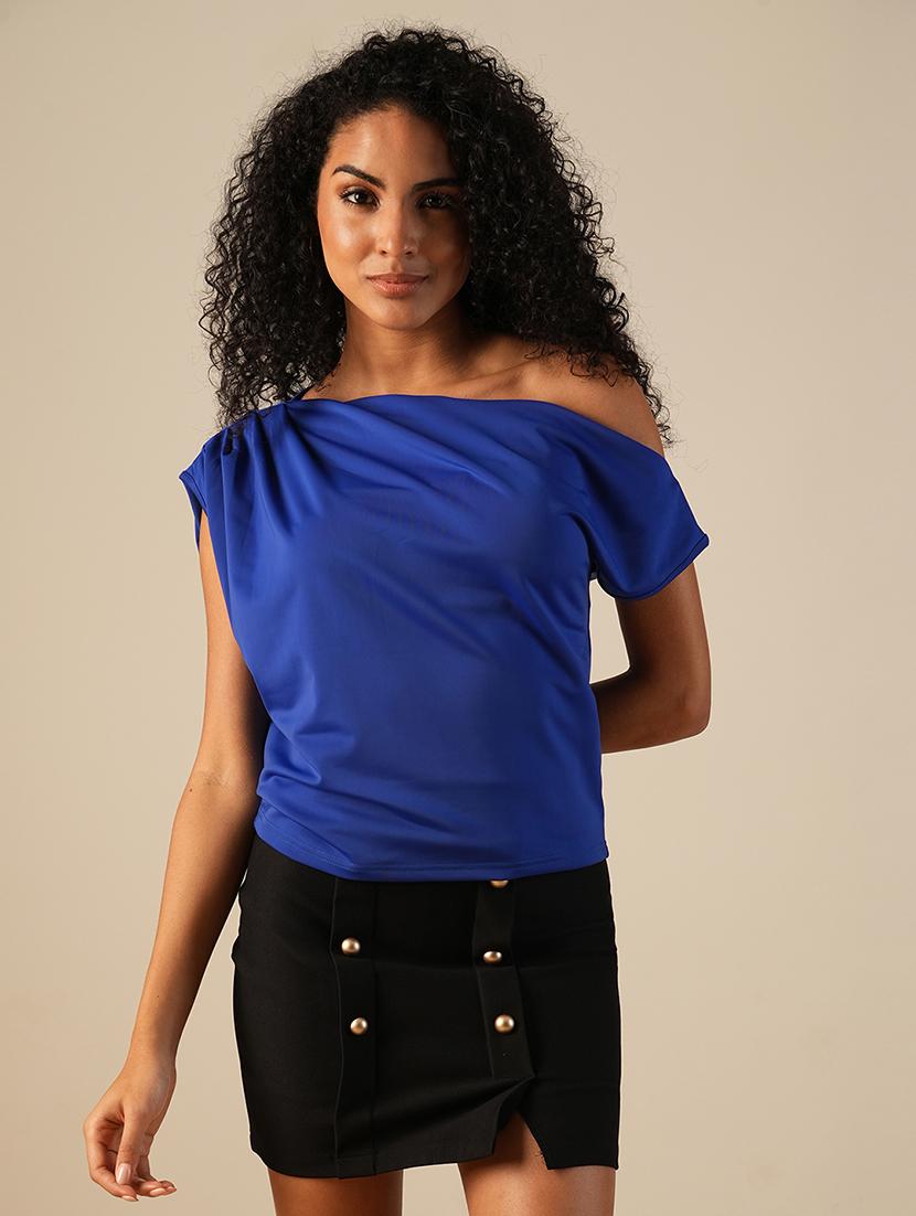 globus women blue one shoulder extended sleeve solid gather detail party top - 21648882 -  Zoom Image - 0