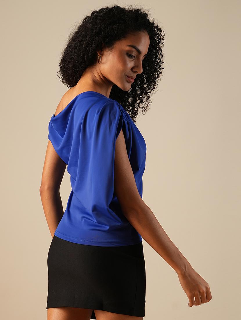 globus women blue one shoulder extended sleeve solid gather detail party top - 21648882 - Standard Image - 3
