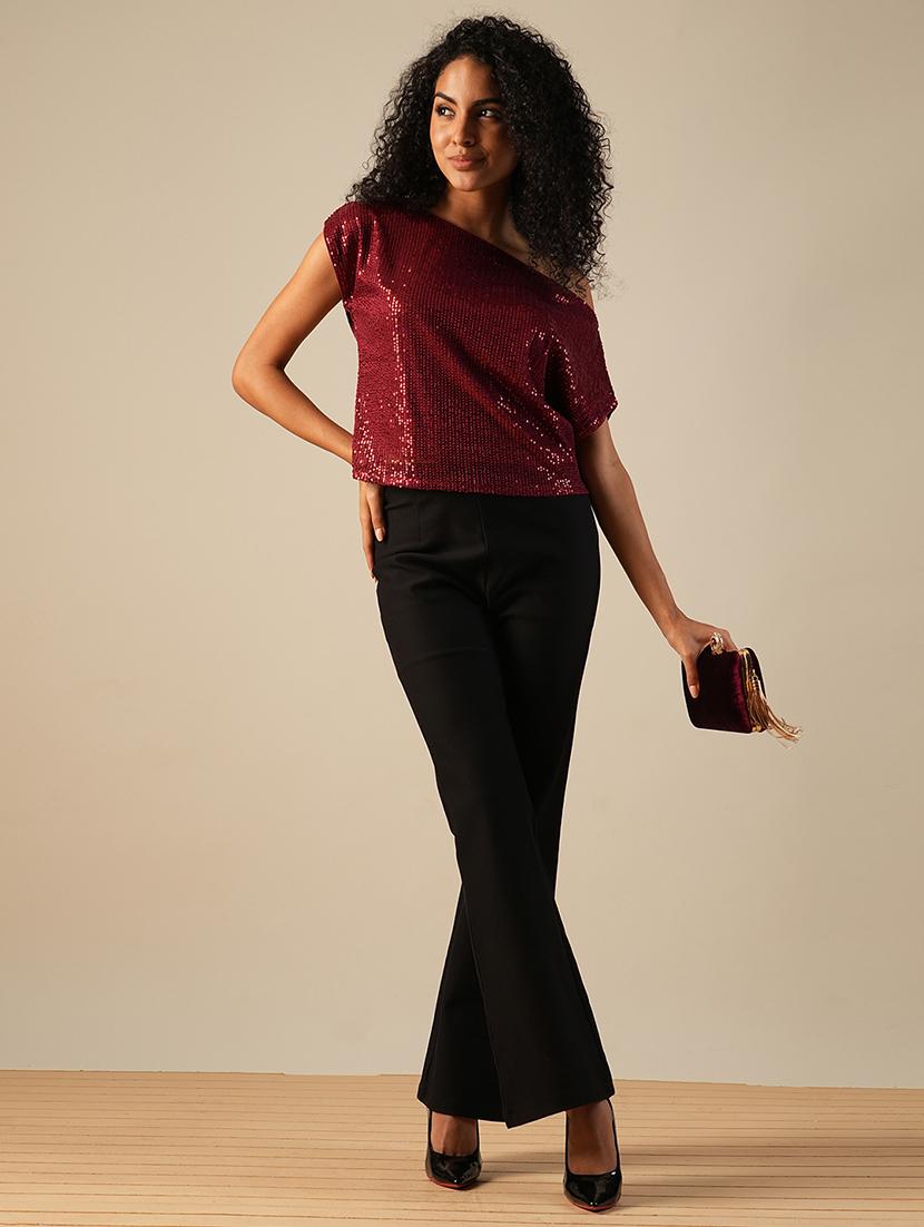 globus women maroon one shoulder extended sleeve sequinned party top - 21648883 - Standard Image - 3