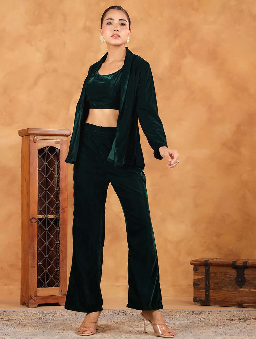 women green solid jacket and trouser co-ords set