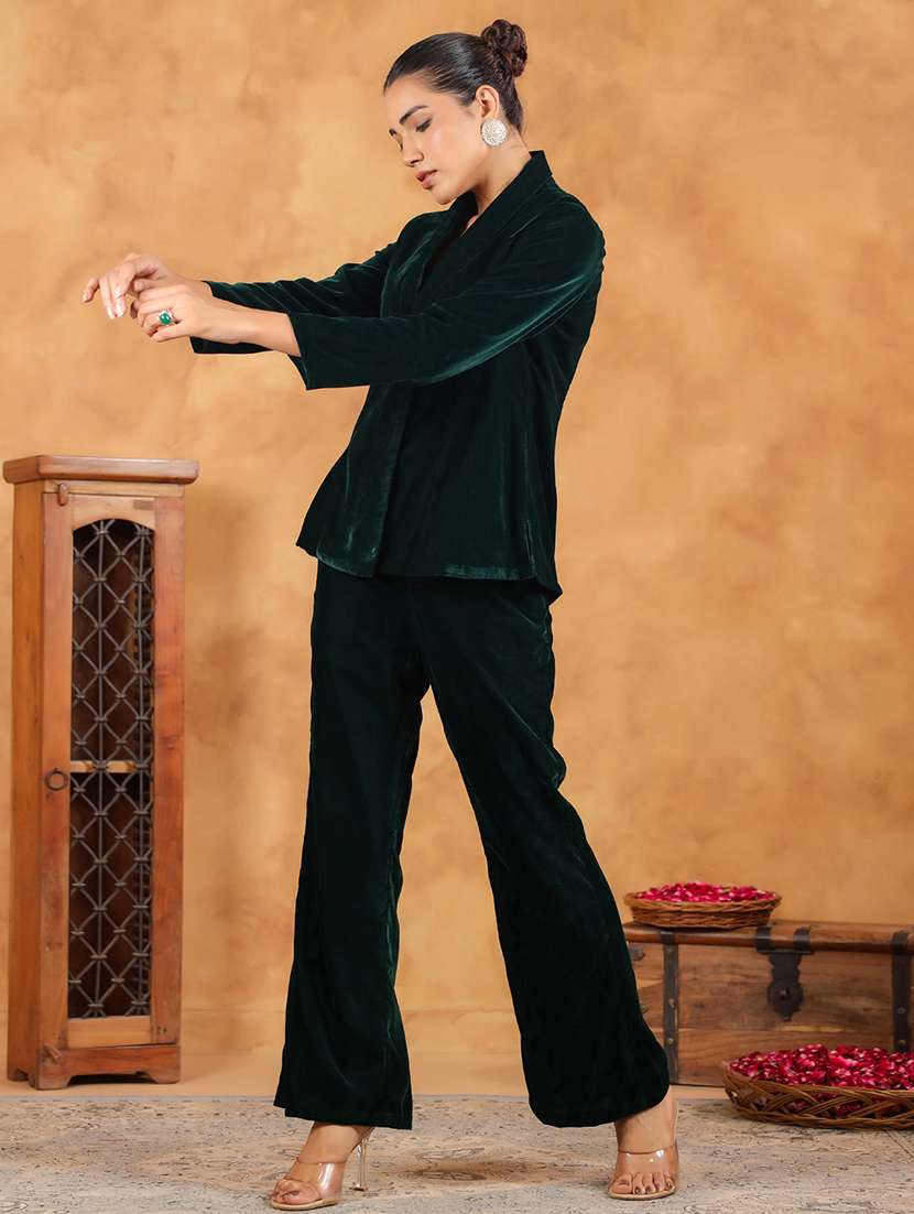 women green solid jacket and trouser co-ords set - 21648917 -  Standard Image - 3