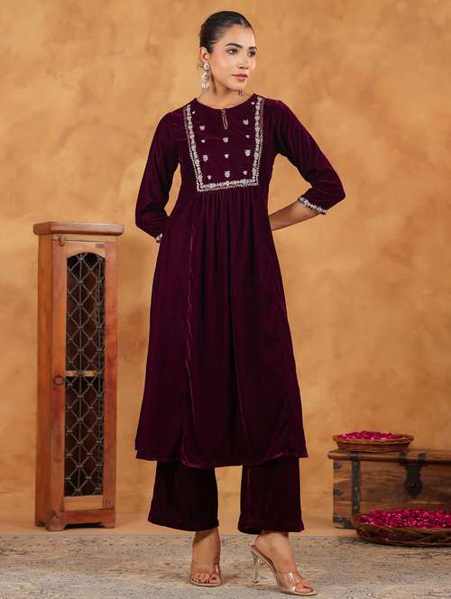 women purple embroidered kurta pant set - 21648918 - Standard Image - 0