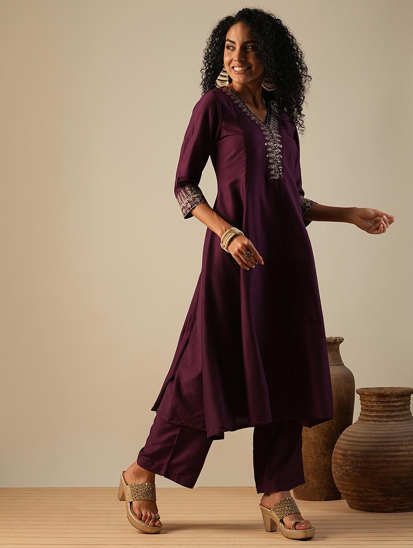 globus women purple zari embroidered v-neck panelled anarkali kurta with elasticated wide leg pants festive set - 21649092 -  Zoom Image - 0