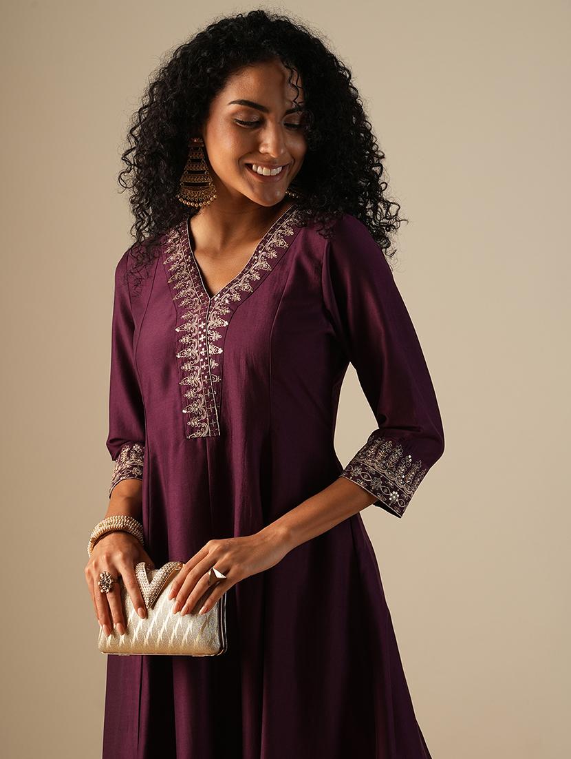 globus women purple zari embroidered v-neck panelled anarkali kurta with elasticated wide leg pants festive set - 21649092 - Standard Image - 3