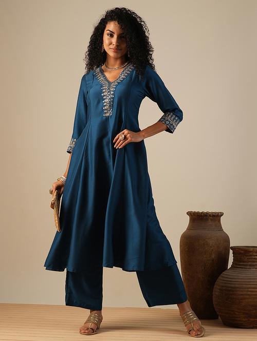 globus women teal zari embroidered v-neck panelled anarkali kurta with elasticated wide leg pants festive set - 21649093 -  Standard Image - 0