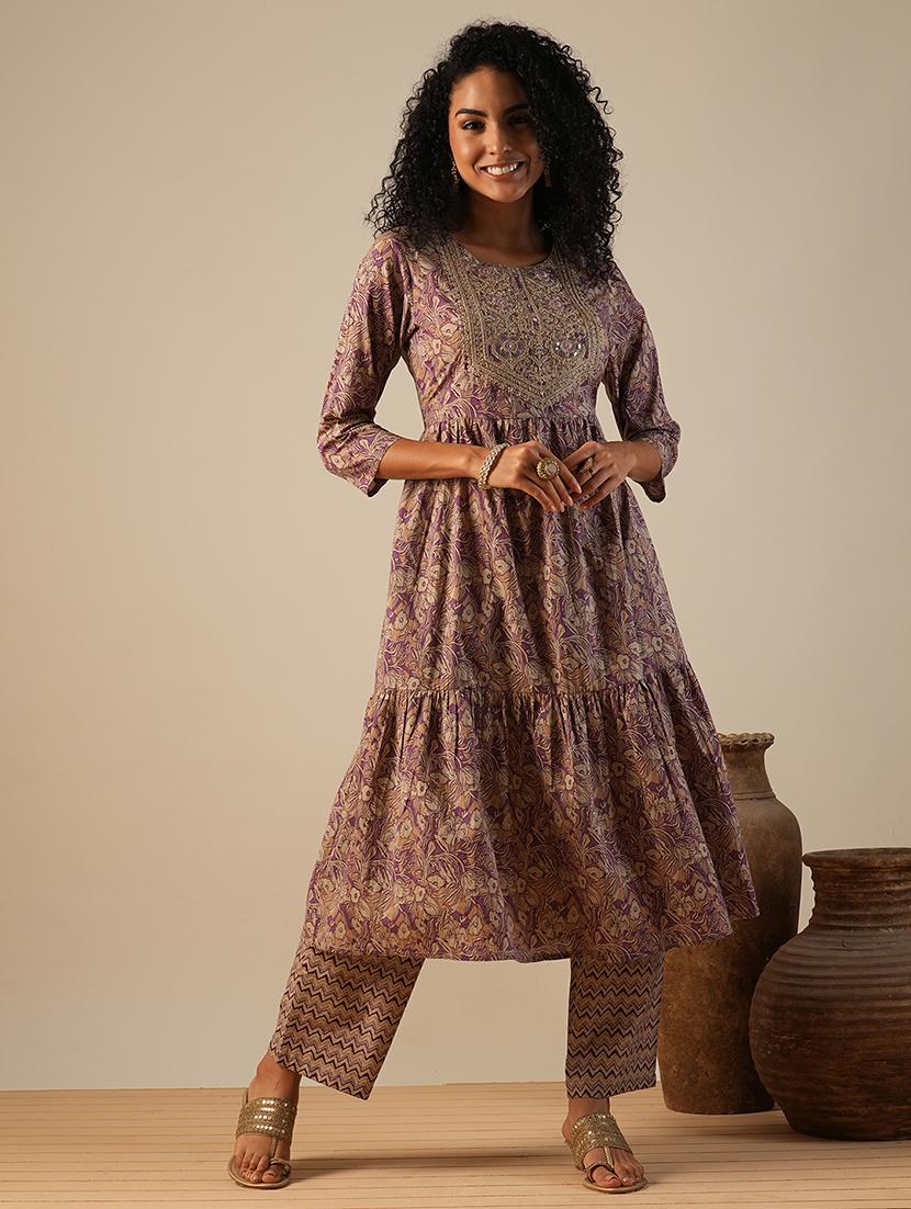 globus women purple embroidered yoke allover floral print tiered a-line kurta with chevron print wide leg pants workwear set - 21649094 -  Zoom Image - 0