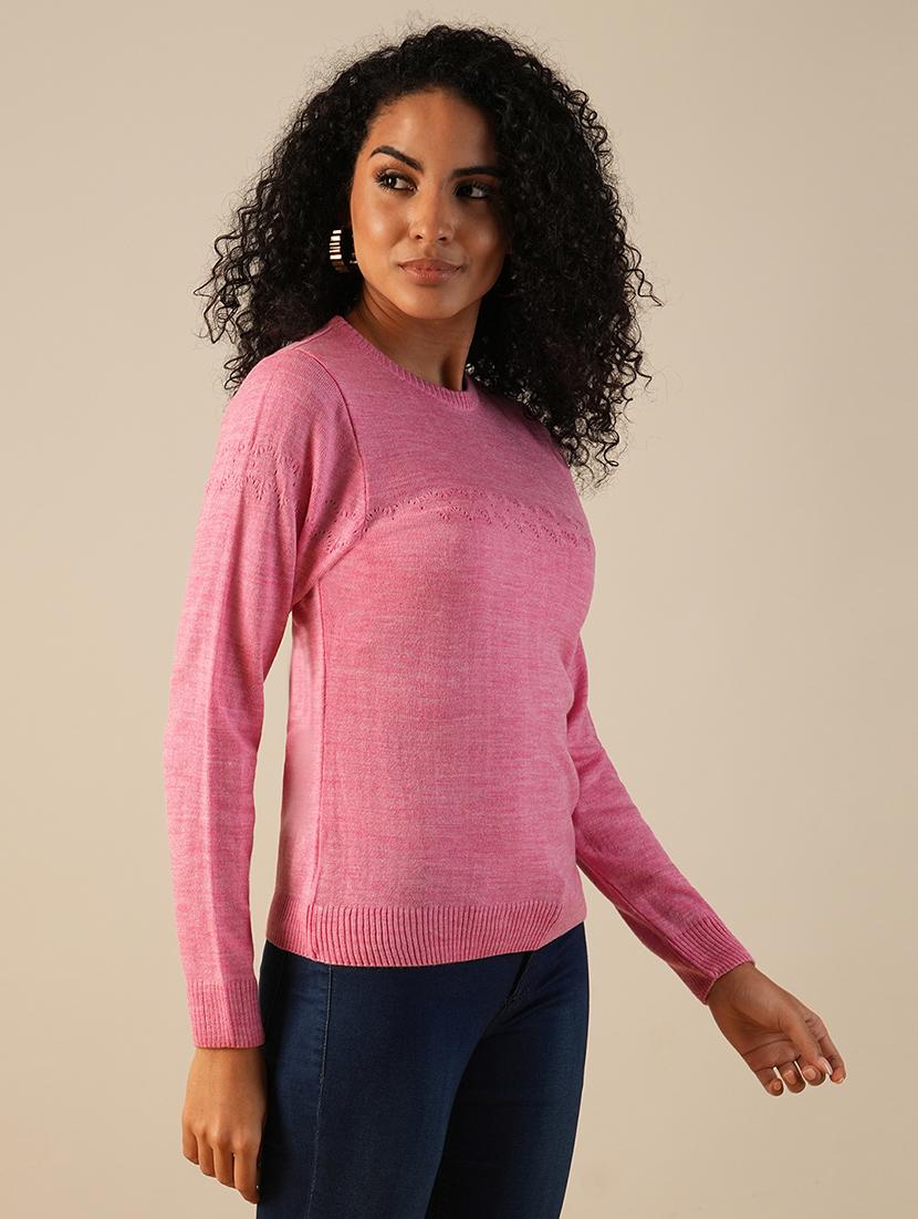 globus women pink round neck long sleeves self design knitted ribbed hem pullover sweater - 21649109 -  Zoom Image - 0