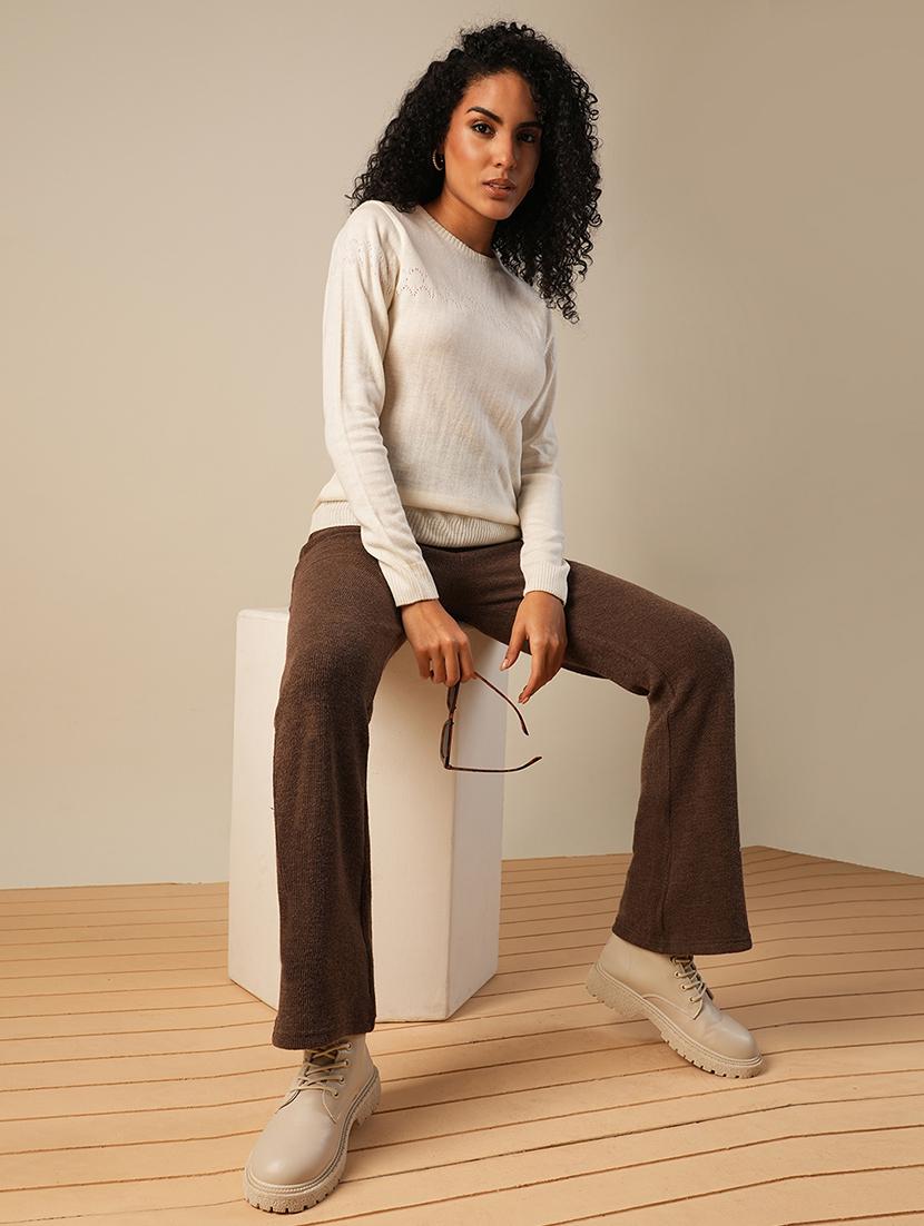globus women off white round neck long sleeves self design knitted ribbed hem pullover sweater - 21649110 - Standard Image - 3
