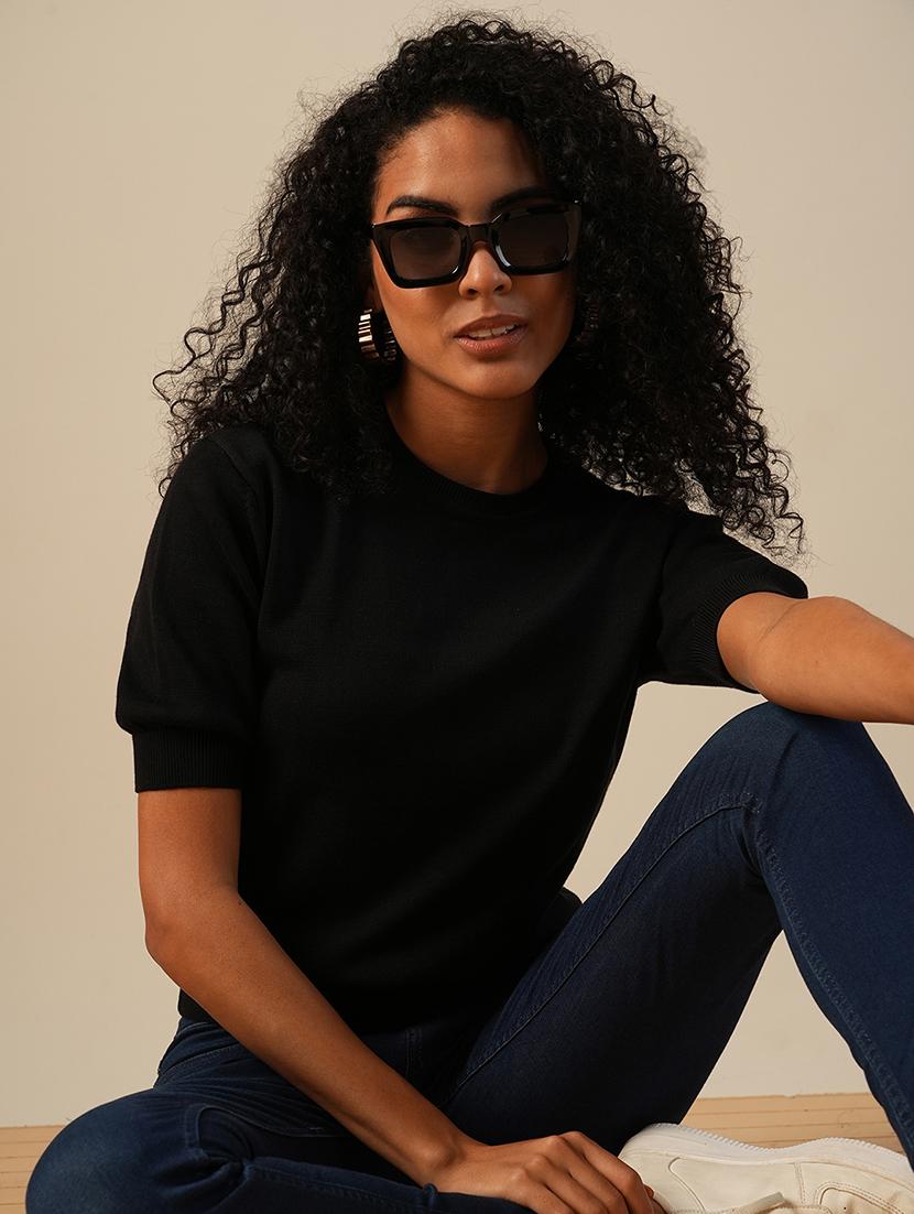 globus women black round neck puff sleeves solid knitted ribbed hem pullover sweater - 21649111 - Standard Image - 3