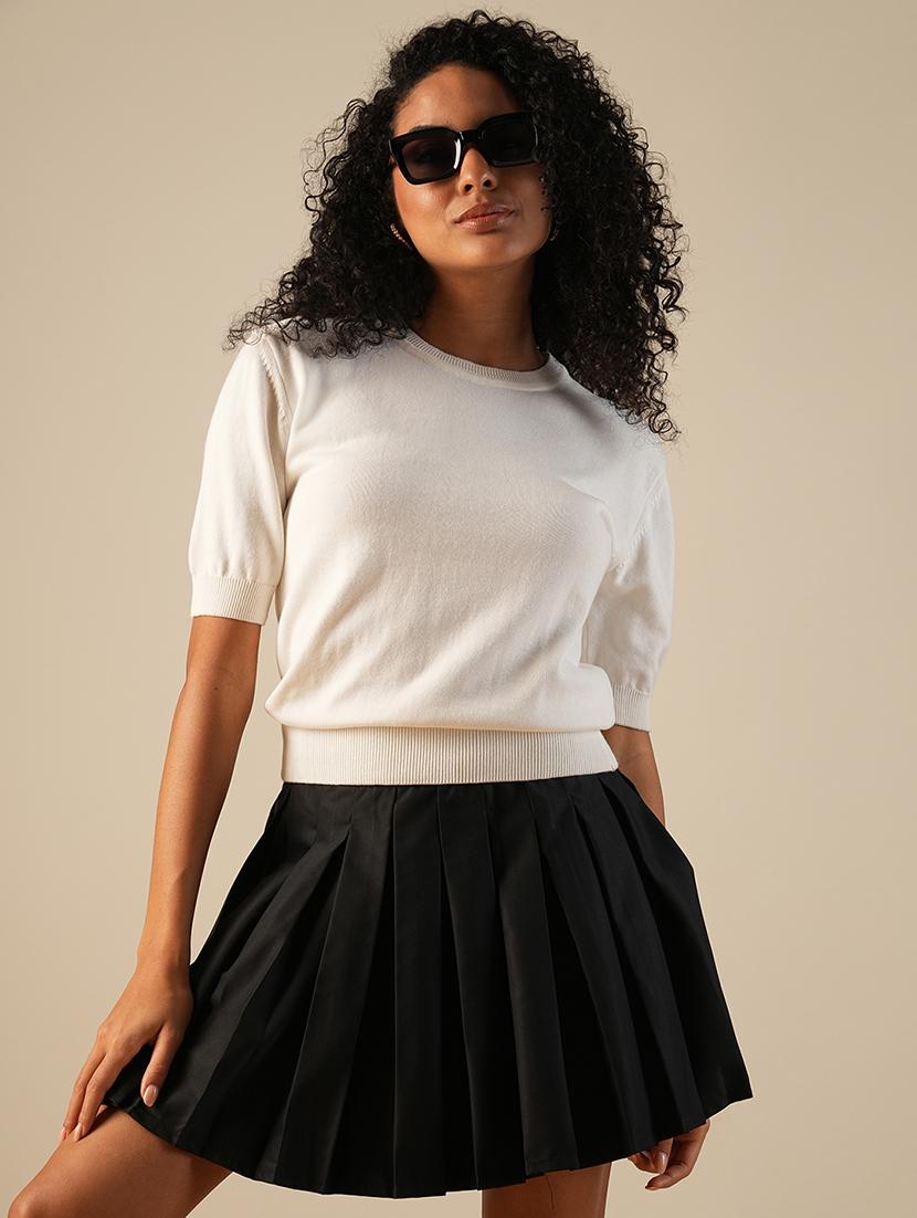 globus women white round neck puff sleeves solid knitted ribbed hem pullover sweater - 21649112 - Zoom Image - 0