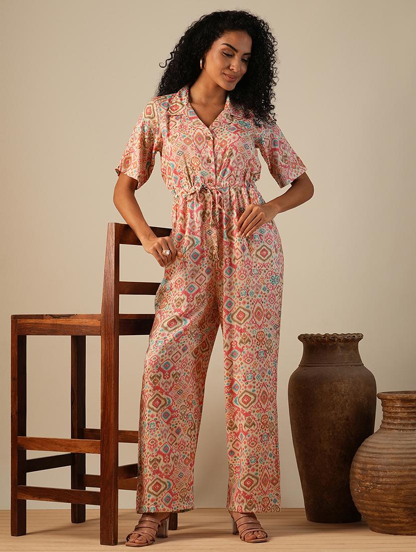 globus women pink cuban collar geometric print waist tie-ups fusion jumpsuit - 21649116 -  Zoom Image - 0