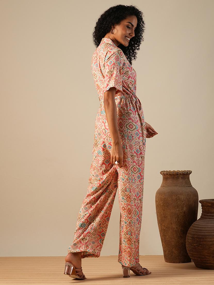 globus women pink cuban collar geometric print waist tie-ups fusion jumpsuit - 21649116 - Standard Image - 3