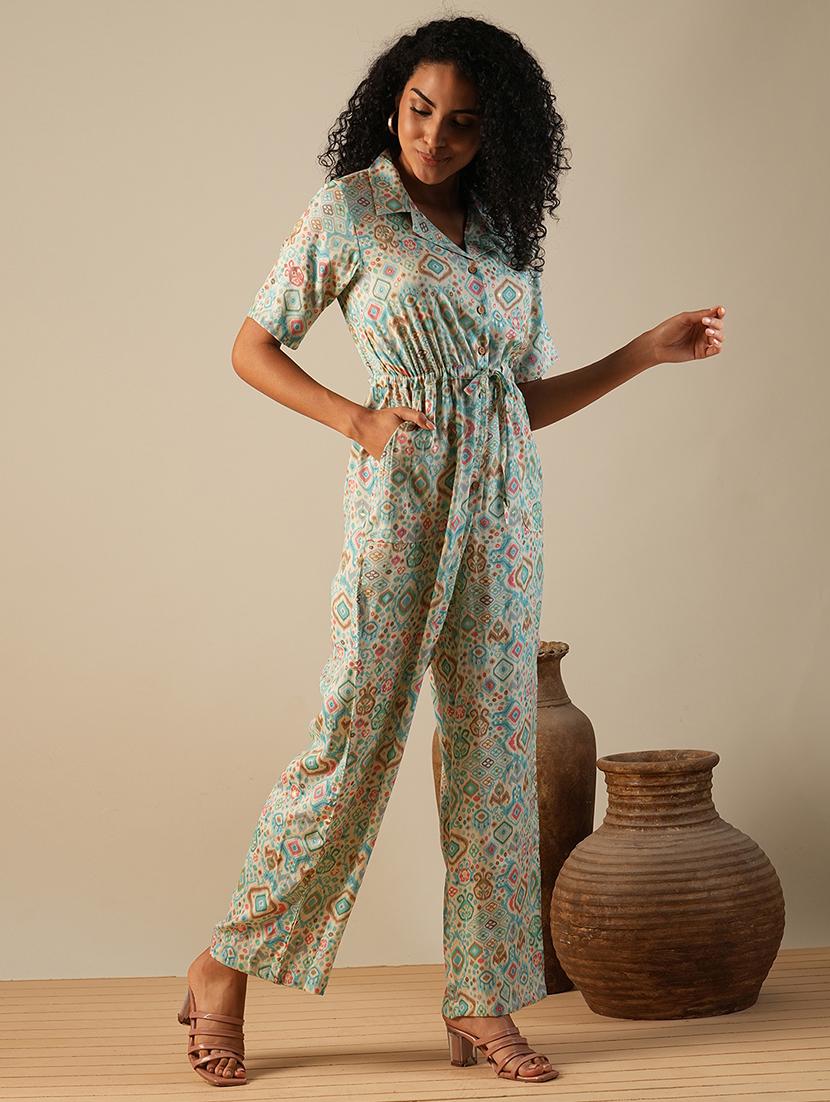globus women blue cuban collar geometric print waist tie-ups fusion jumpsuit - 21649117 -  Zoom Image - 0