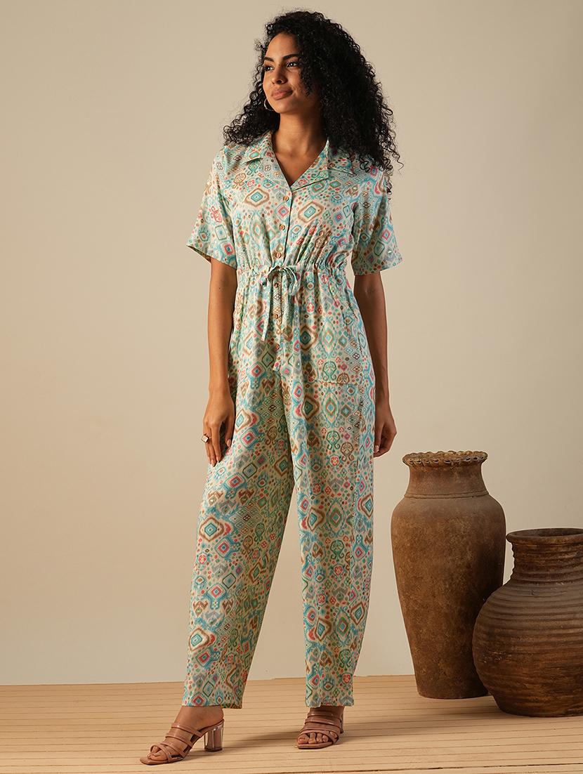 globus women blue cuban collar geometric print waist tie-ups fusion jumpsuit - 21649117 - Standard Image - 3