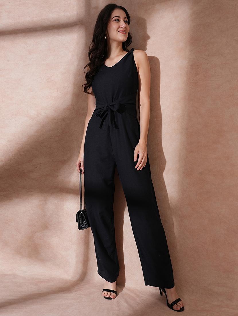 globus women black v-neck waist tie-up longline jumpsuit  - 21649118 -  Zoom Image - 0