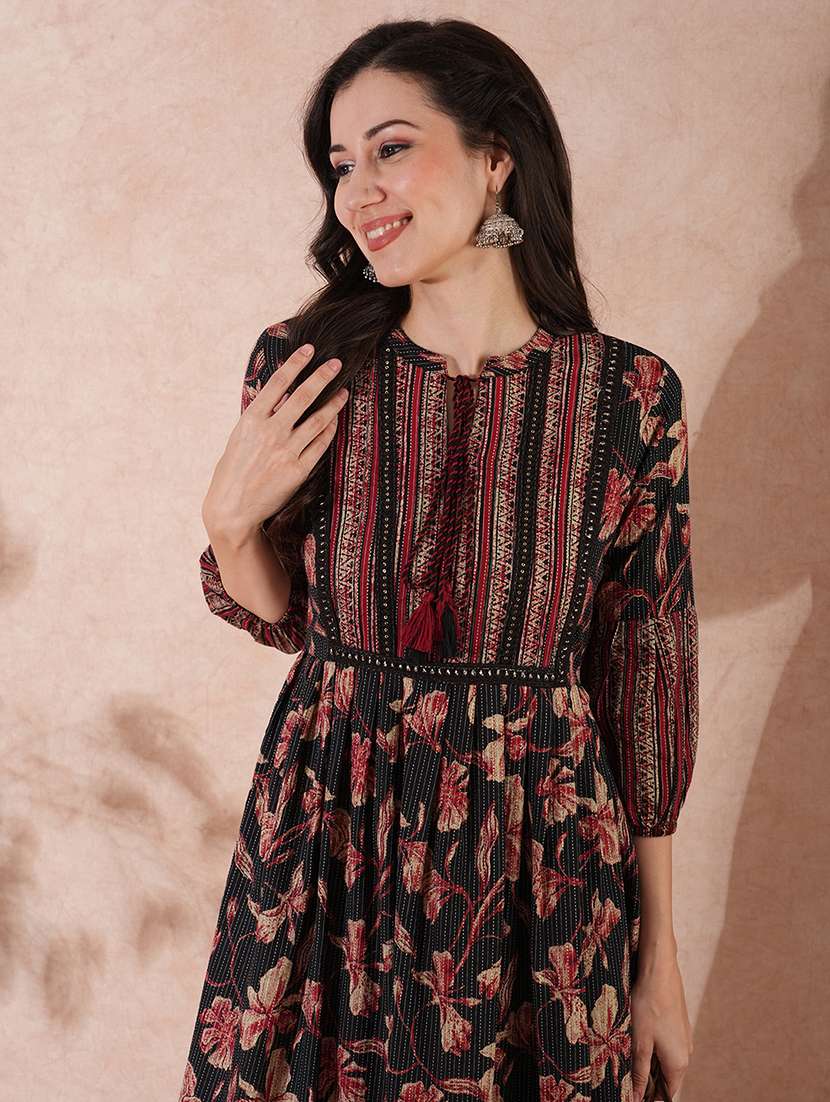 globus women black tie-up mandarin neck bishop sleeves floral print pleated tiered a-line midi fusion dress - 21649150 -  Standard Image - 3