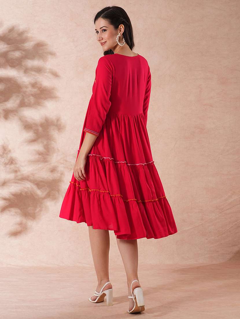 Globus Women Red V Neck Floral Embroidered Yoke Alia Cut Tiered A Line Fusion Dress