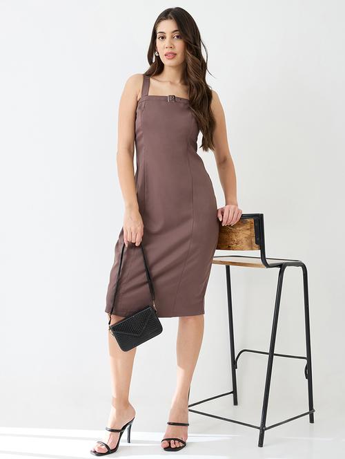 globus women brown buckle detail square neck strappy shoulder korean midi sheath party dress - 21649155 -  Standard Image - 0