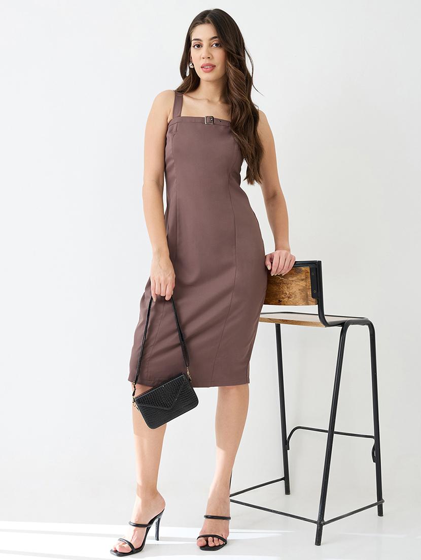 globus women brown buckle detail square neck strappy shoulder korean midi sheath party dress - 21649155 -  Zoom Image - 0