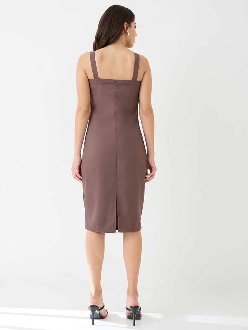 globus women brown buckle detail square neck strappy shoulder korean midi sheath party dress - 21649155 - Standard Image - 3