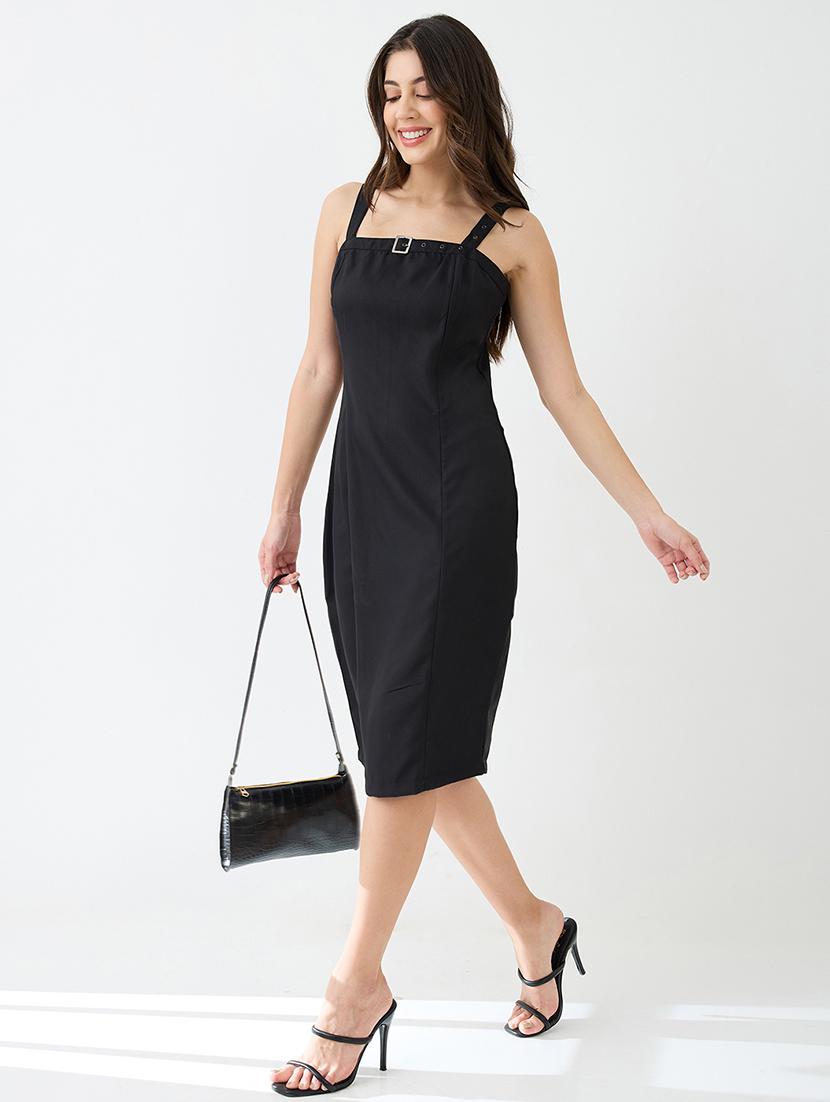globus women black buckle detail square neck strappy shoulder korean midi sheath party dress - 21649156 - Zoom Image - 0