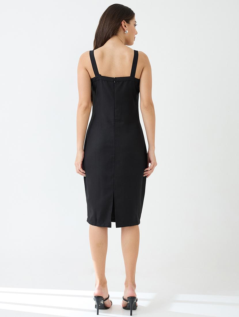 globus women black buckle detail square neck strappy shoulder korean midi sheath party dress - 21649156 - Standard Image - 3